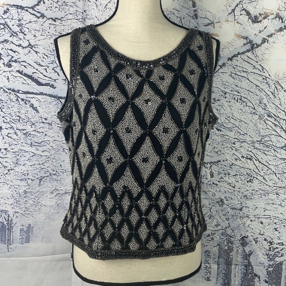 Vintage Cote d' Azur Beaded Embellished Sleeveless Evening Silk Top